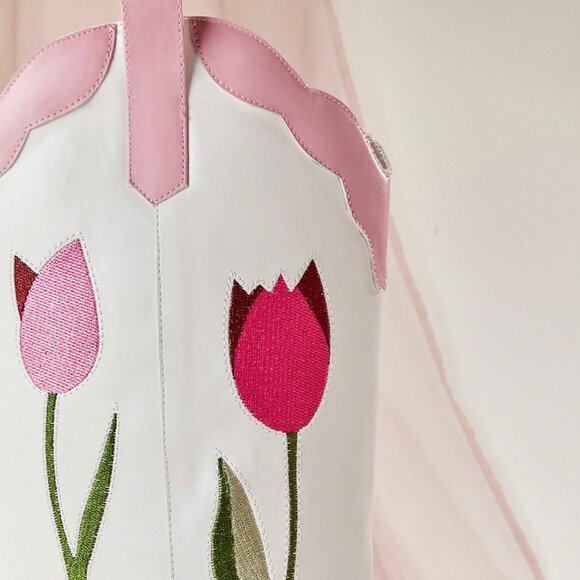 Pink Casual Women's Chunky Heel Tulip Embroidery Mid-Calf Western Boots - Picture 7 of 7